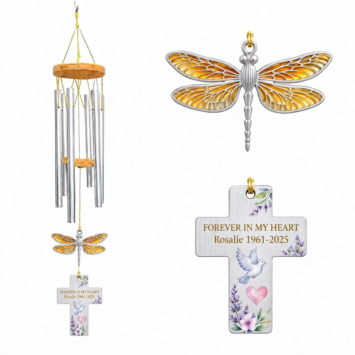 Personalized Memorial Wind Chimes For Loss Of Mother, Golden Dragonfly