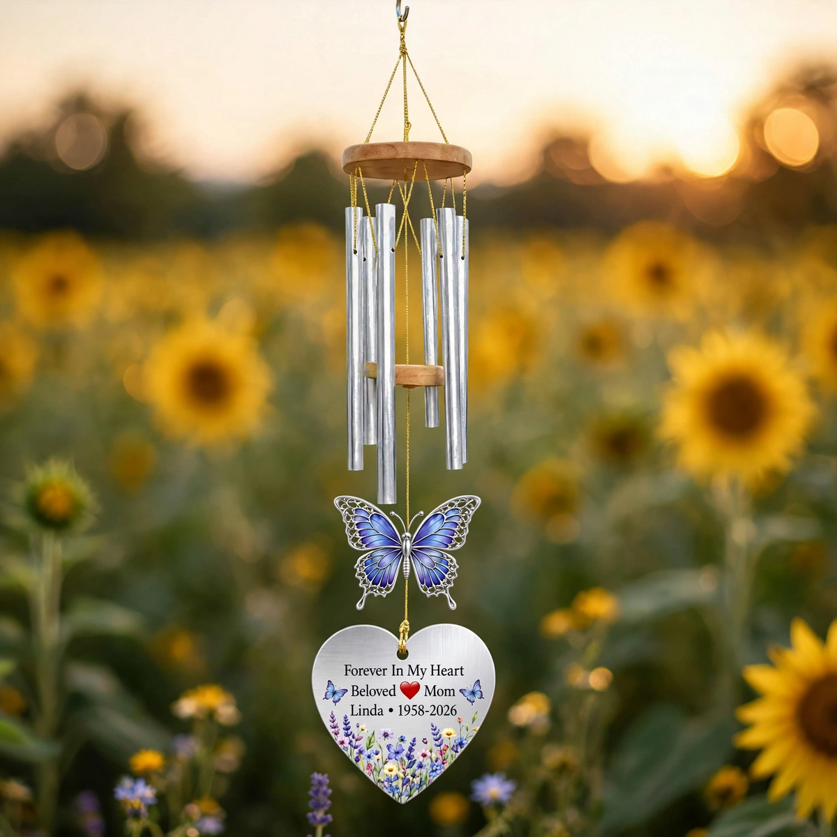 Personalized Memorial Wind Chimes For Loss Of Mother, Silver Heart Blue Butterfly