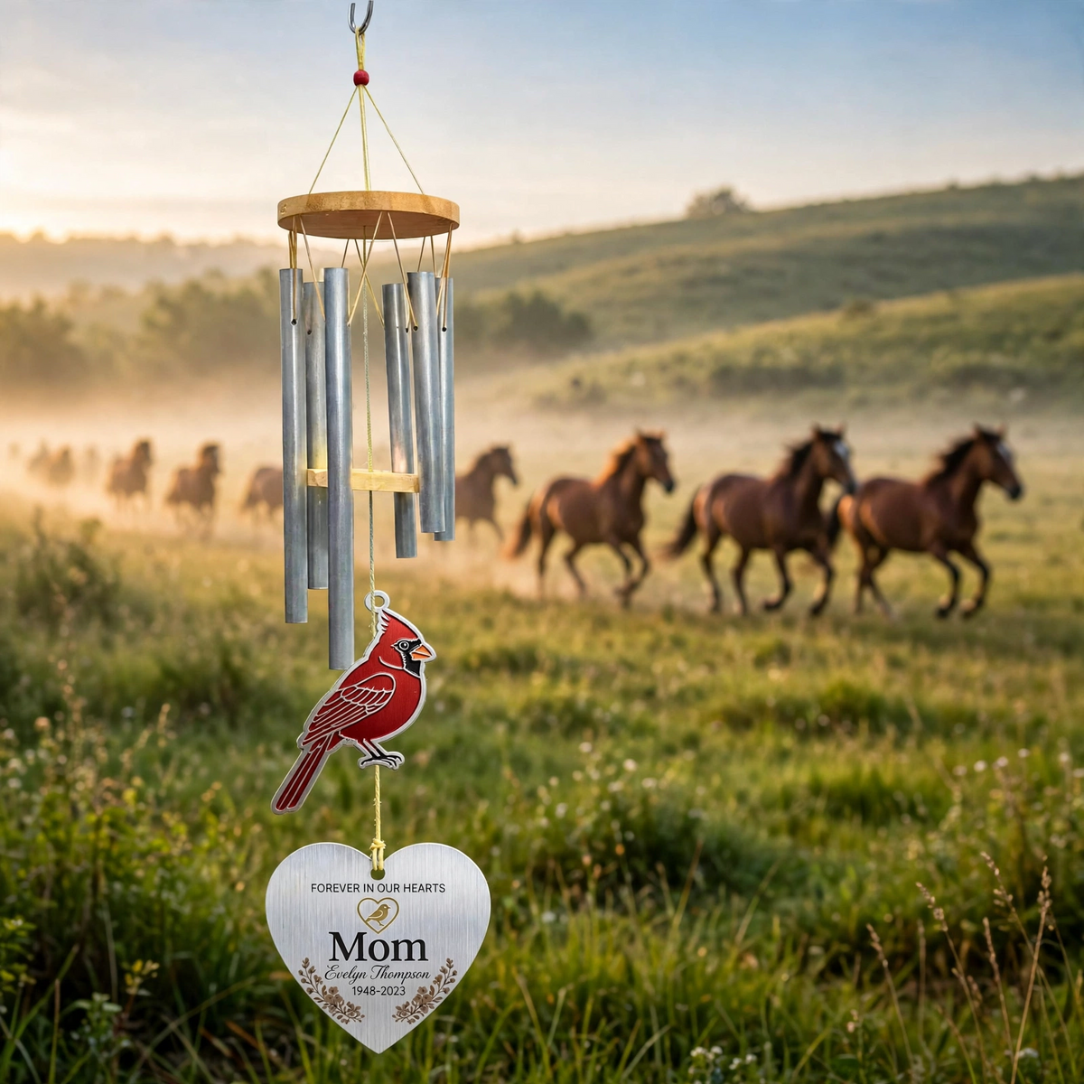 Personalized Memorial Wind Chimes For Loss Of Mother, Silver Heart Red Cardinal Plaque