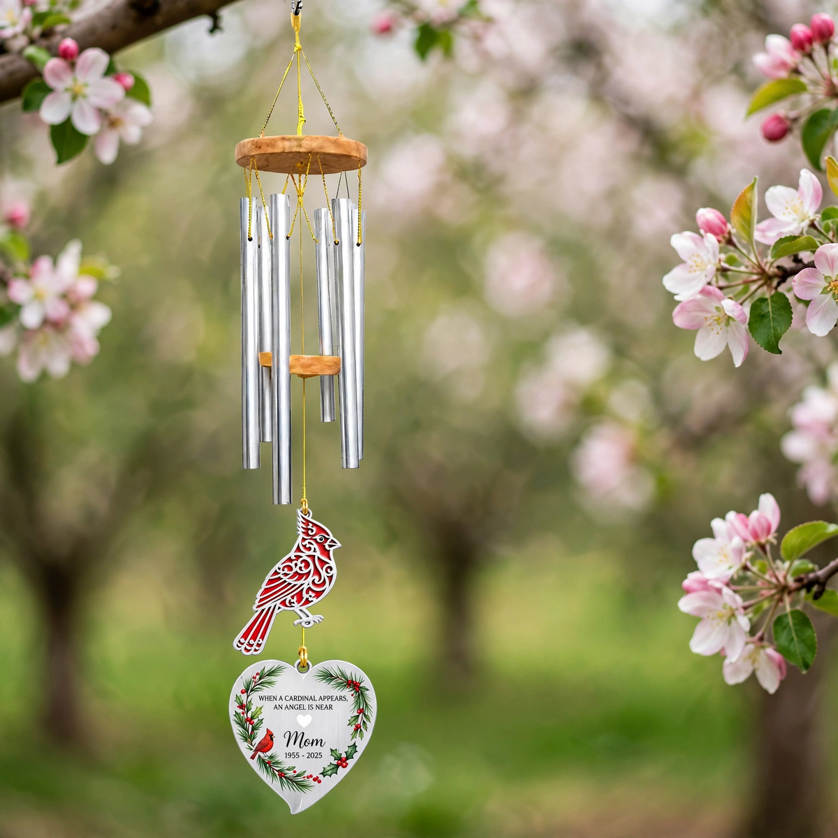 Personalized Memorial Wind Chimes For Loss Of Mother, Cardinal Plaque Sympathy Gift