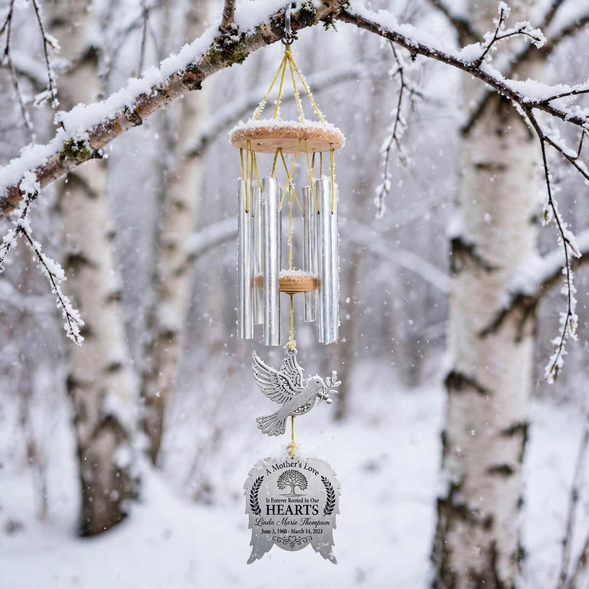 Personalized Memorial Wind Chimes For Loss Of Mother, Silver Angel Wings Dove Olive Branch Tree Of Life Plaque