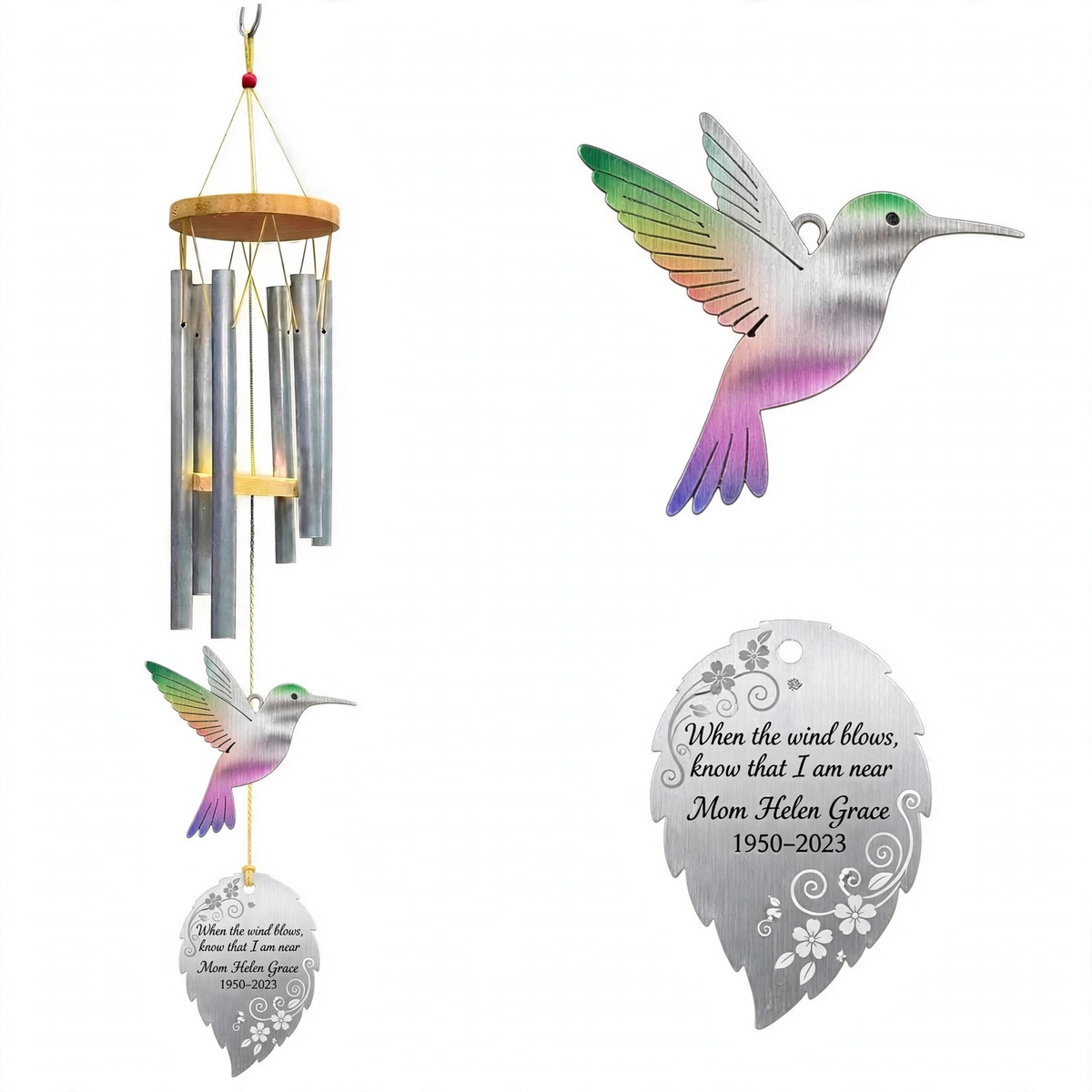 Personalized Memorial Wind Chimes For Loss Of Mother, Silver Rainbow Hummingbird
