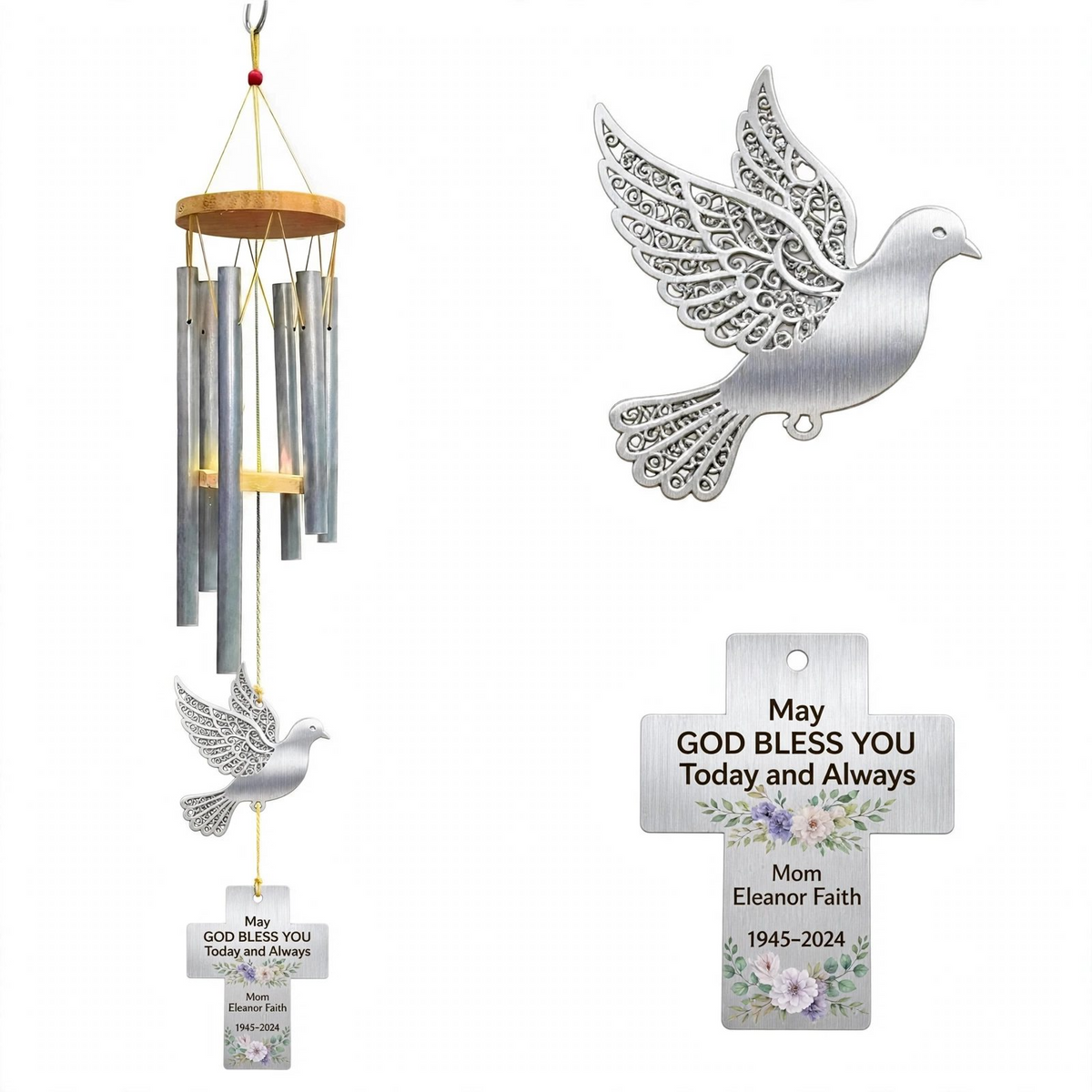 Personalized Memorial Wind Chimes For Loss Of Mother, Silver Cross, Filigree Dove