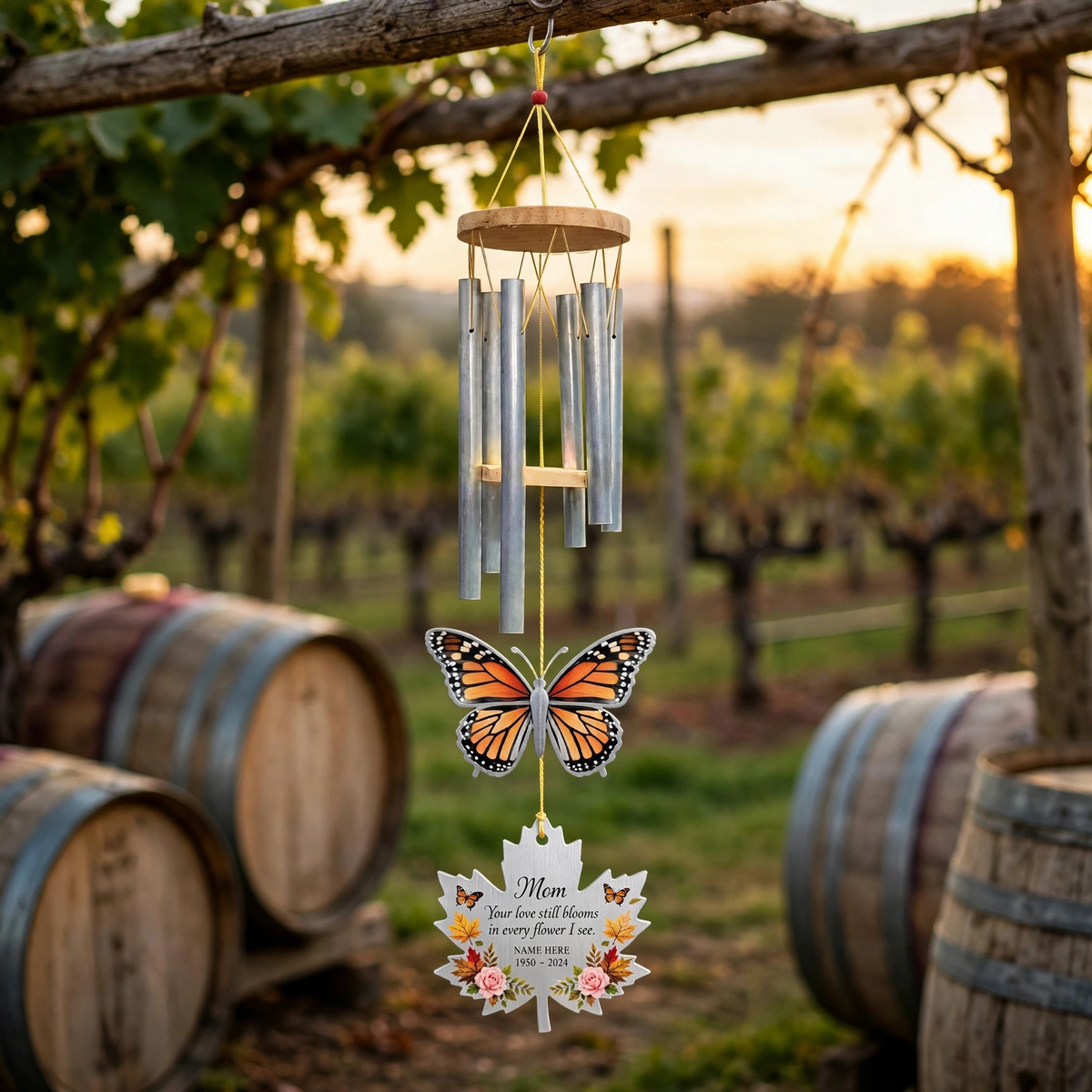 Personalized Memorial Wind Chimes For Loss Of Mother, Silver Maple Leaf Monarch Butterfly Plaque