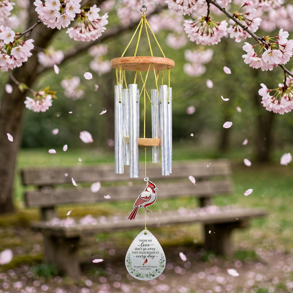Personalized Memorial Wind Chimes For Loss Of Mother, Silver Teardrop Red Cardinal Eucalyptus Plaque