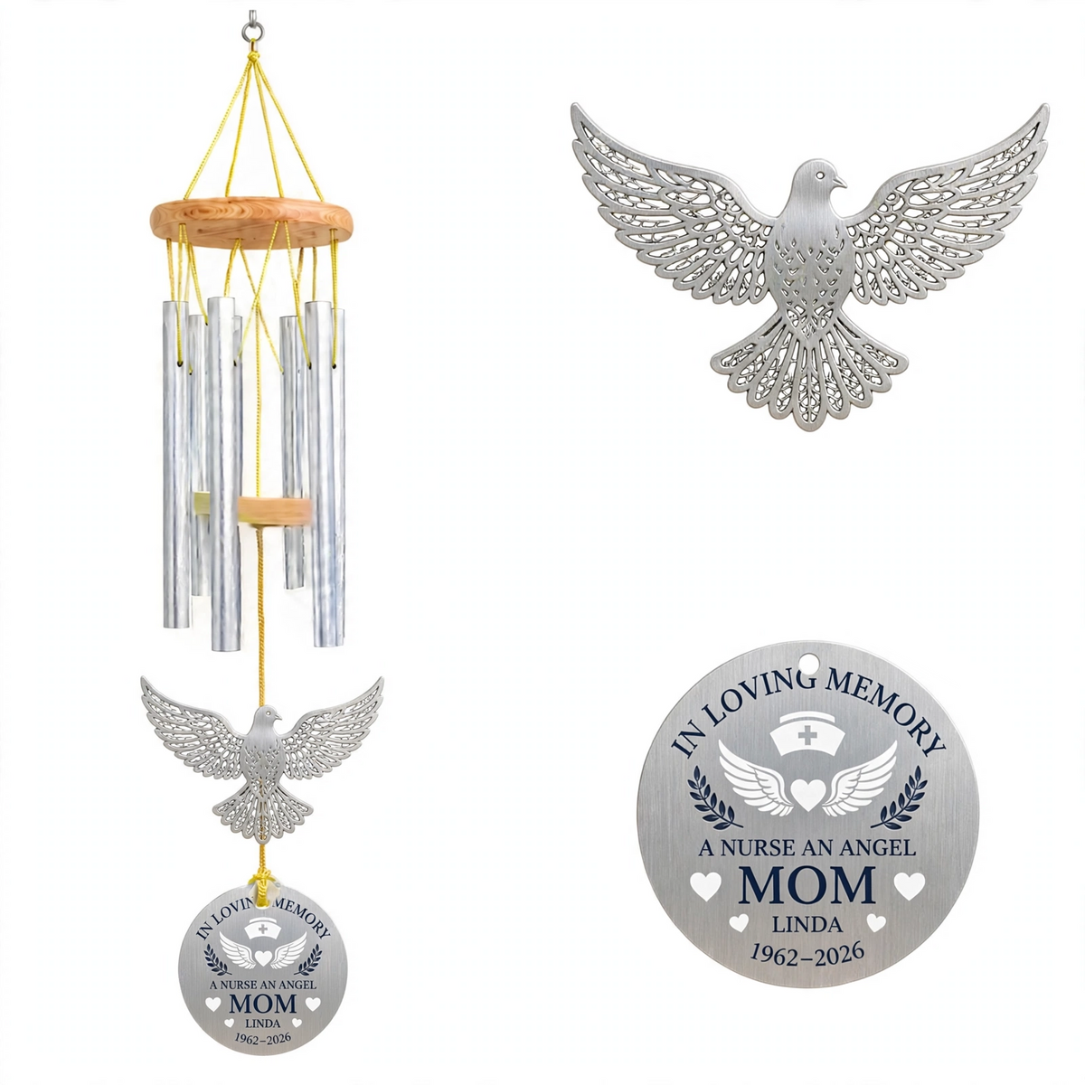 Personalized Memorial Wind Chimes For Loss Of Mother, Silver Round Flying Dove Nurse Angel Plaque