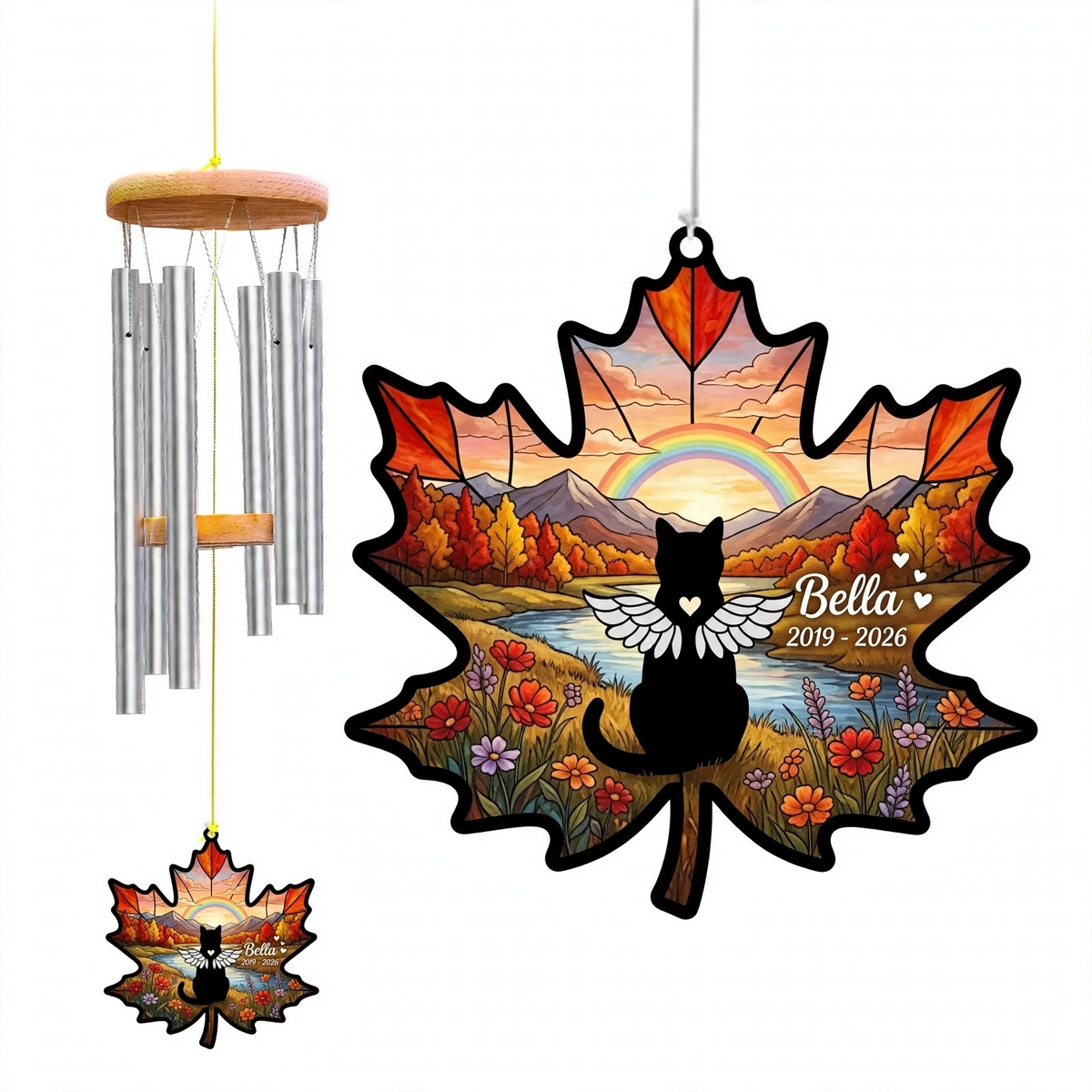 Rainbow Bridge Wind Chime, Cat Memorial Sympathy Gift, Autumn Maple Leaf