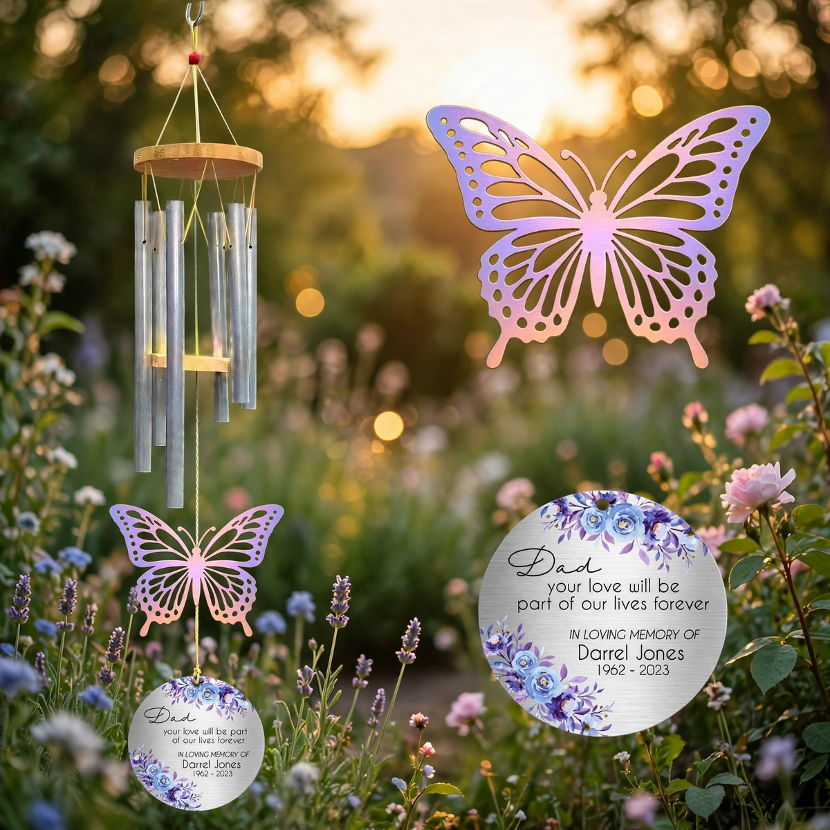 Memorial Wind Chimes For Loss Of Father, Personalized Dad Butterfly Sympathy Gift