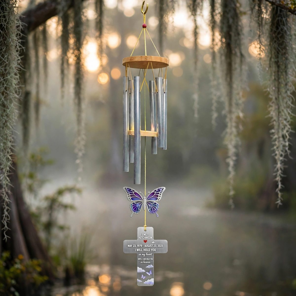 Personalized Memorial Wind Chimes For Loss Of Mother Purple Butterfly, Sky Plaque