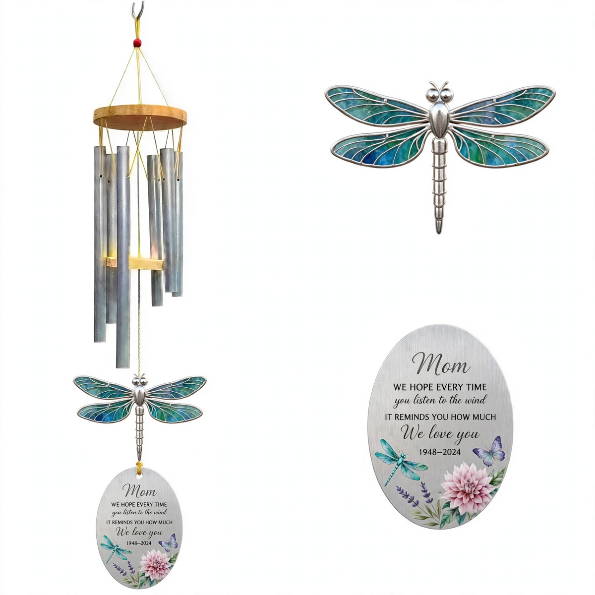 Personalized Memorial Wind Chimes For Loss Of Mother, Silver Oval Plaque