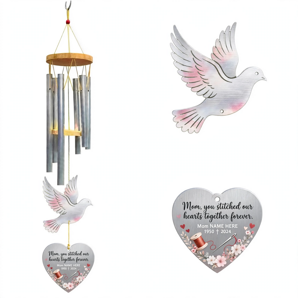 Personalized Memorial Wind Chimes For Loss Of Mother, Sympathy Gift, Pink Dove