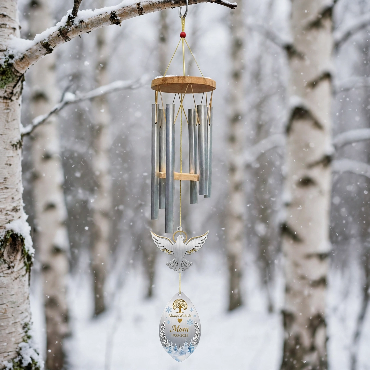 Personalized Memorial Wind Chimes For Loss Of Mother, Halo Dove Winter Tree Of Life Teardrop Plaque