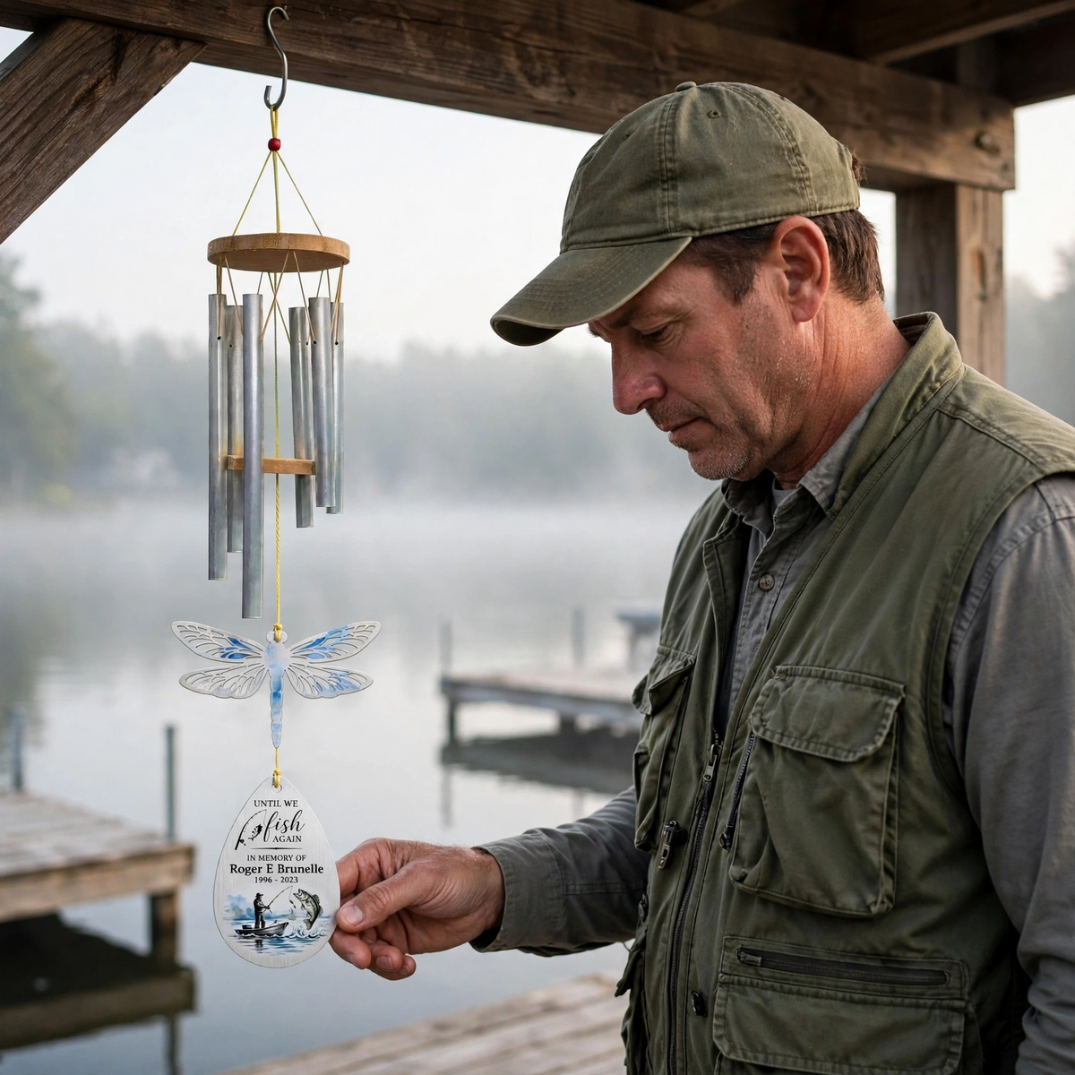 Personalized Memorial Wind Chimes For Loss Of Father, Custom Fishing Dragonfly