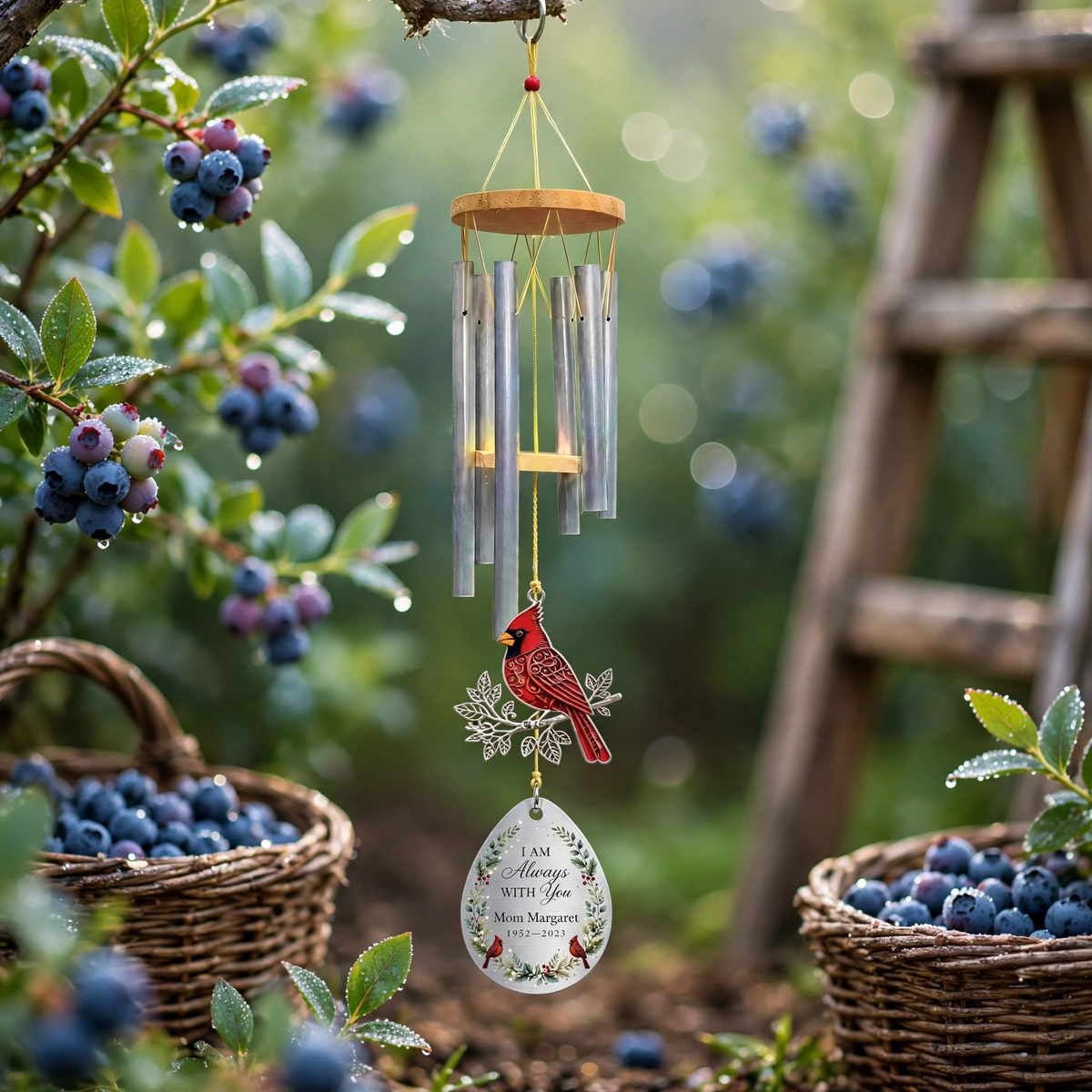 Personalized Memorial Wind Chimes For Loss Of Mother, Silver Teardrop Red Cardinal Berry