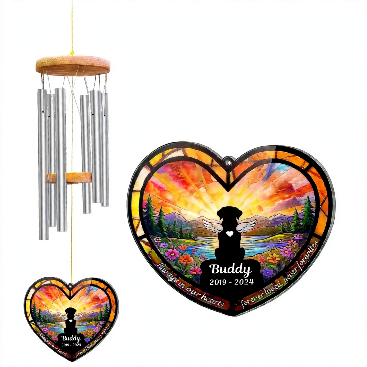 Rainbow Bridge Wind Chime, Dog Memorial Stained Glass Heart Plaque