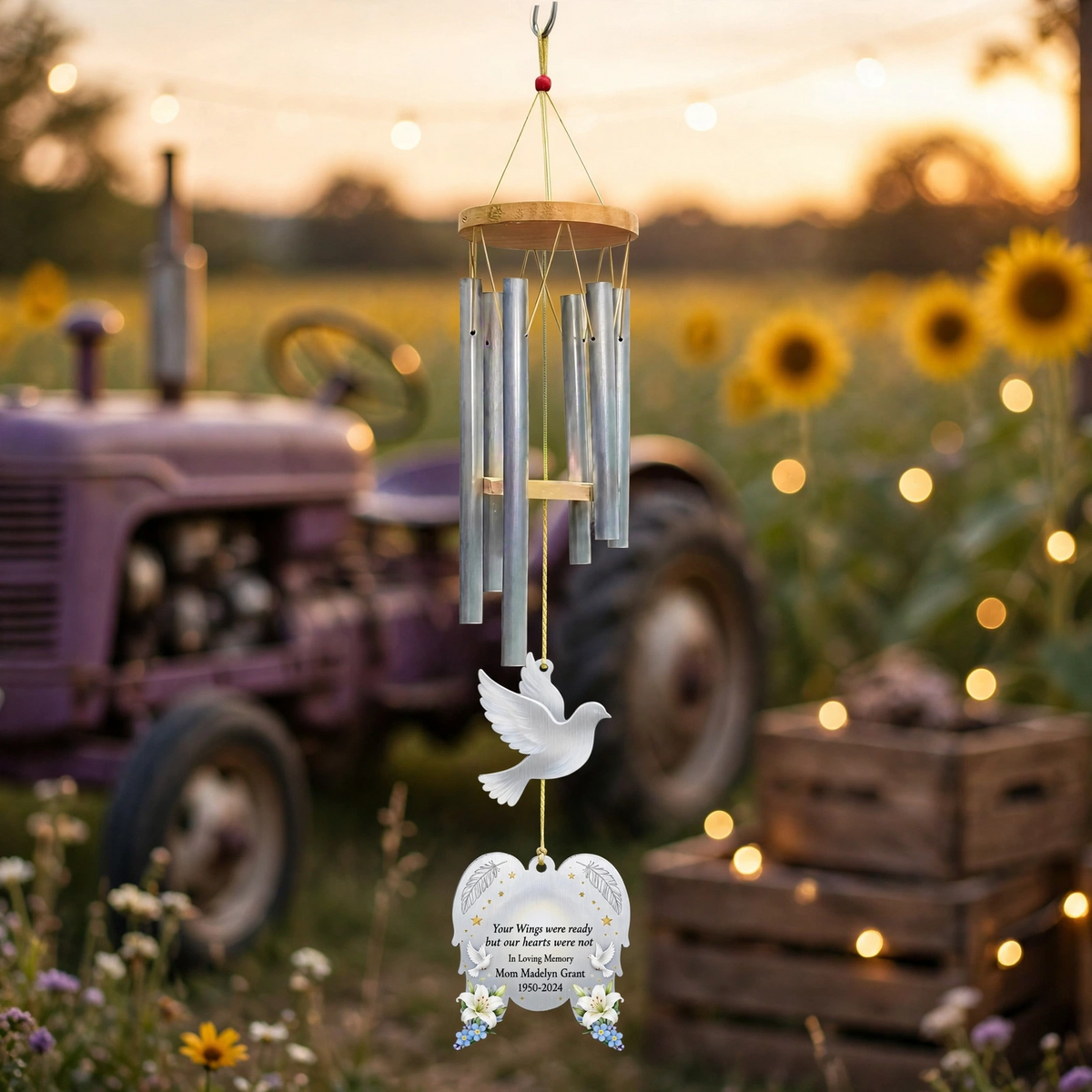 Personalized Memorial Wind Chimes For Loss Of Mother, Peace Dove Lily Plaque
