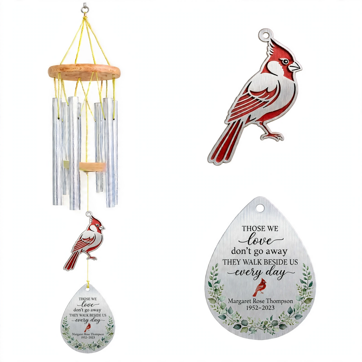 Personalized Memorial Wind Chimes For Loss Of Mother, Silver Teardrop Red Cardinal Eucalyptus Plaque