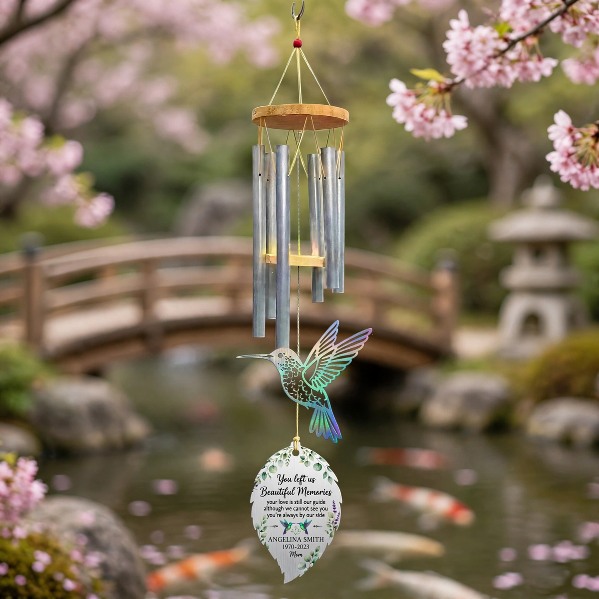 Personalized Memorial Wind Chimes For Loss Of Mother, Iridescent Hummingbird