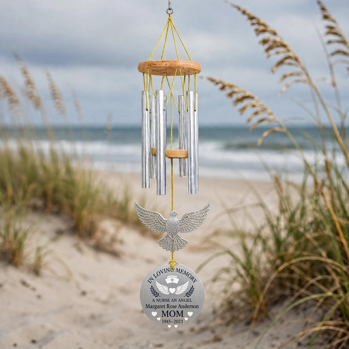 Personalized Memorial Wind Chimes For Loss Of Mother, Silver Round Flying Dove Nurse Angel Plaque