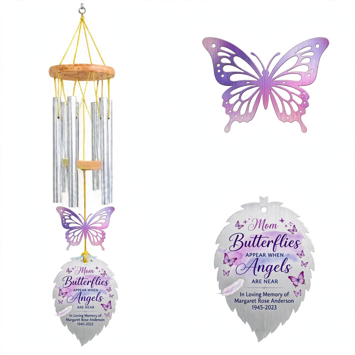 Personalized Memorial Wind Chimes For Loss Of Mother, Silver Feather Leaf Purple Butterfly