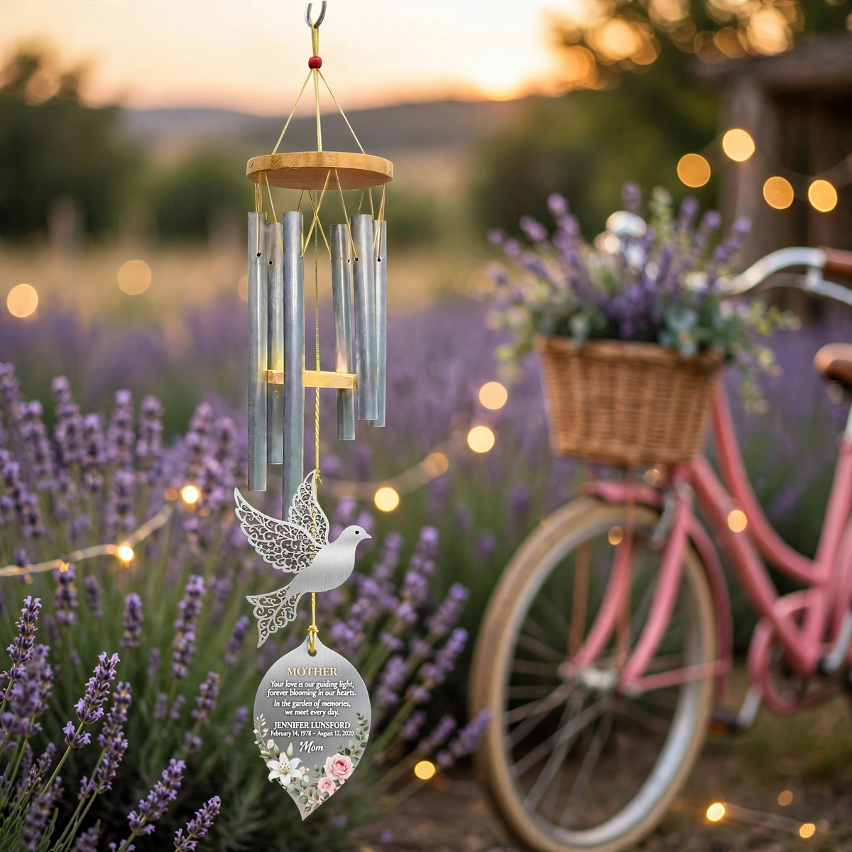 Personalized Memorial Wind Chimes For Loss Of Mother, Peace Dove Filigree