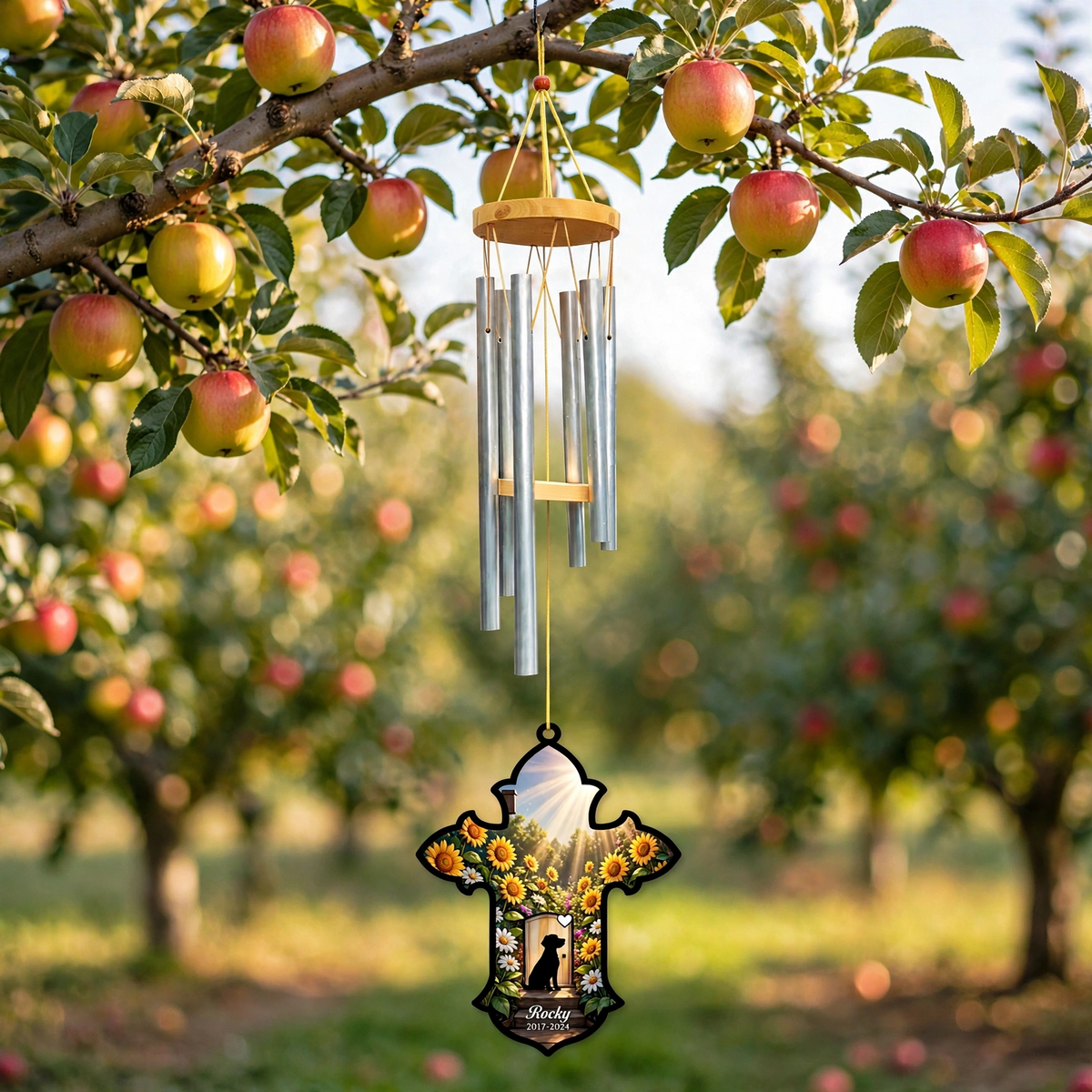 Sunflower Personalized Rainbow Bridge Wind Chime, Dog Memorial Gift, Outdoor Garden Decor