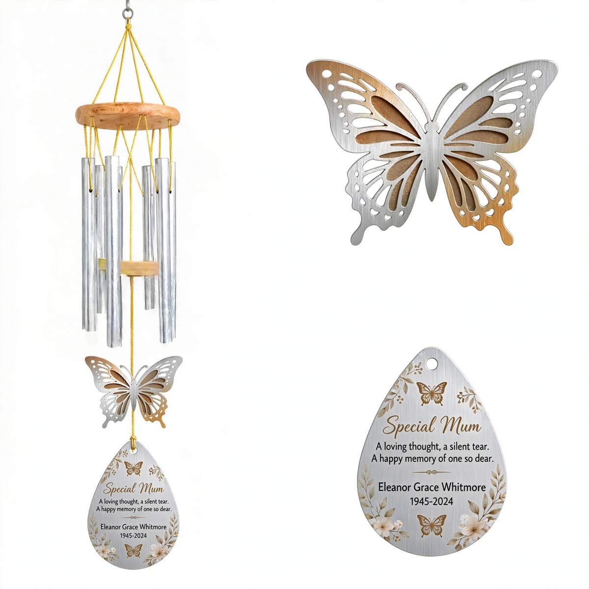 Personalized Memorial Wind Chimes For Loss Of Mother, Silver Teardrop Butterfly