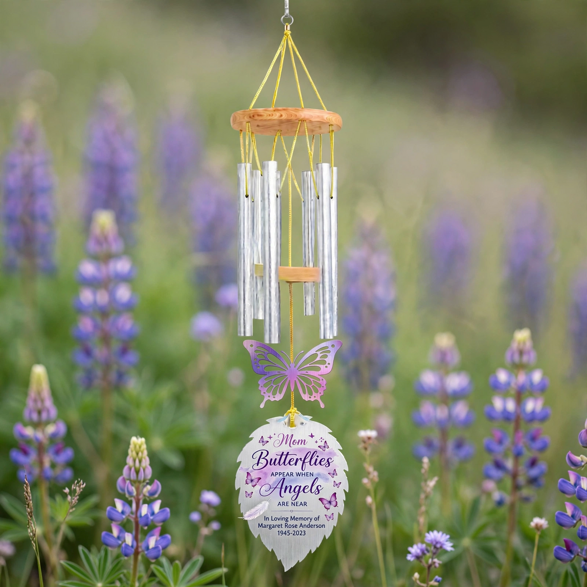 Personalized Memorial Wind Chimes For Loss Of Mother, Silver Feather Leaf Purple Butterfly