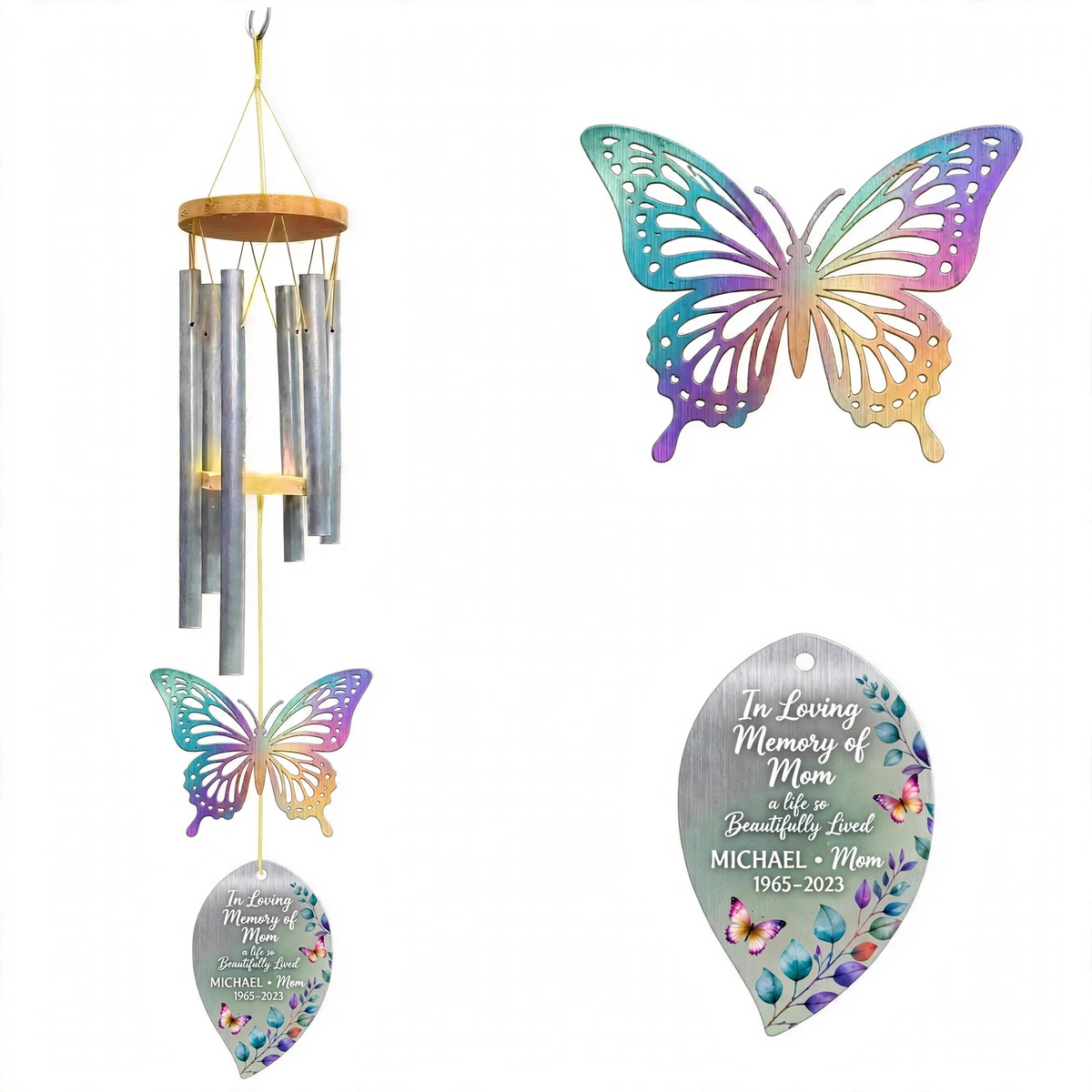 Personalized Memorial Wind Chimes For Loss Of Mother, Rainbow Butterfly