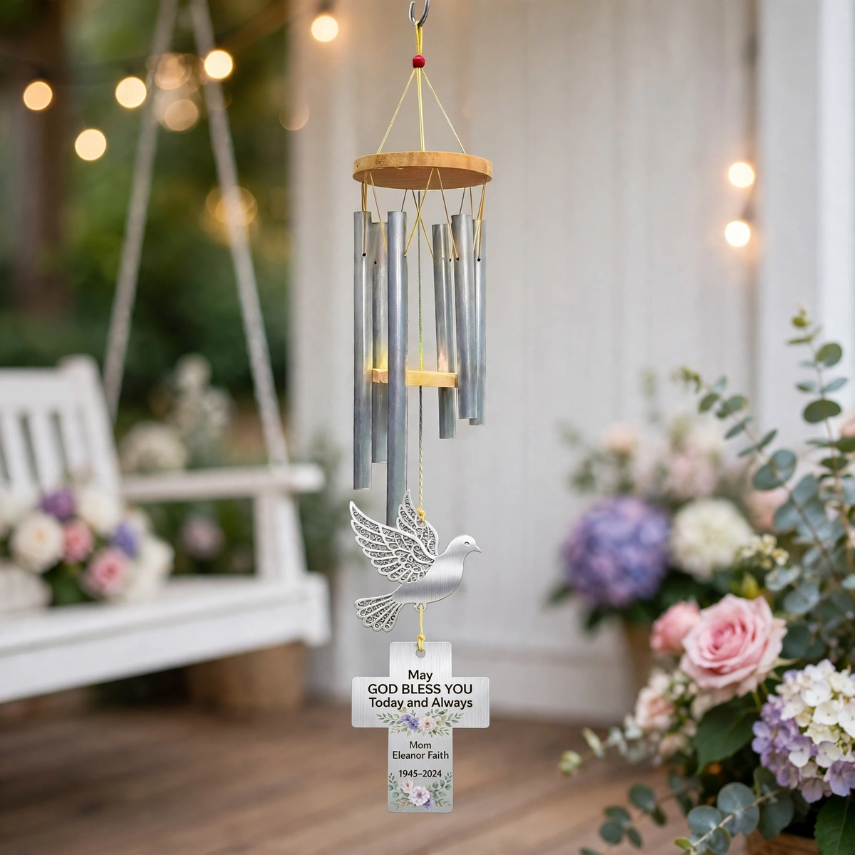 Personalized Memorial Wind Chimes For Loss Of Mother, Silver Cross, Filigree Dove