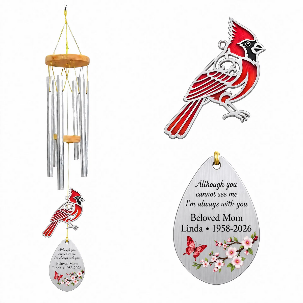 Personalized Memorial Wind Chimes For Loss Of Mother Silver Teardrop Red Cardinal Plaque