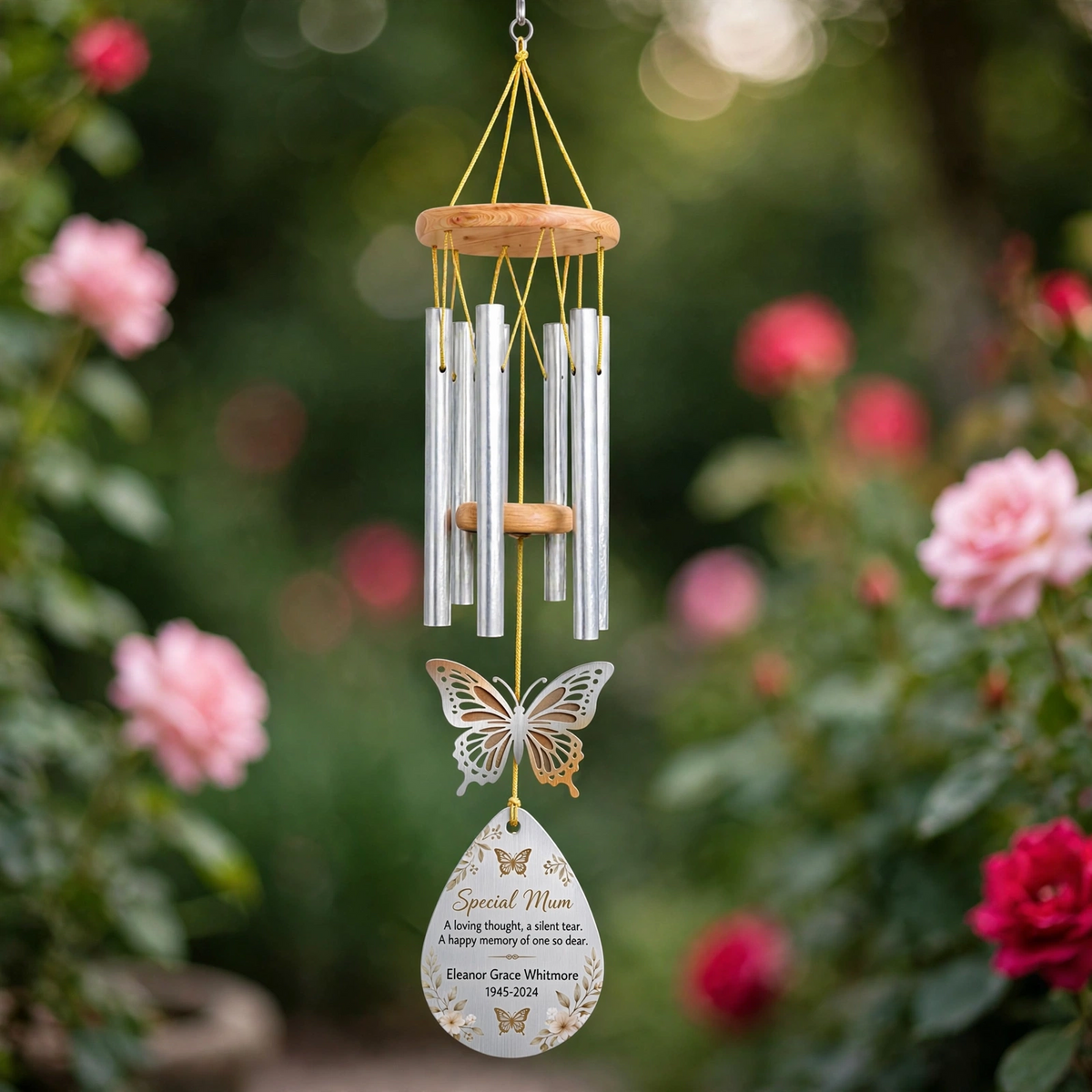 Personalized Memorial Wind Chimes For Loss Of Mother, Silver Teardrop Butterfly