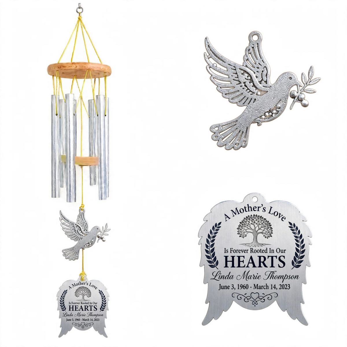 Personalized Memorial Wind Chimes For Loss Of Mother, Silver Angel Wings Dove Olive Branch Tree Of Life Plaque