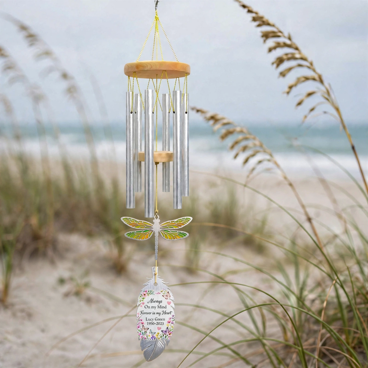 Personalized Memorial Wind Chimes For Loss Of Mother Silver Feather