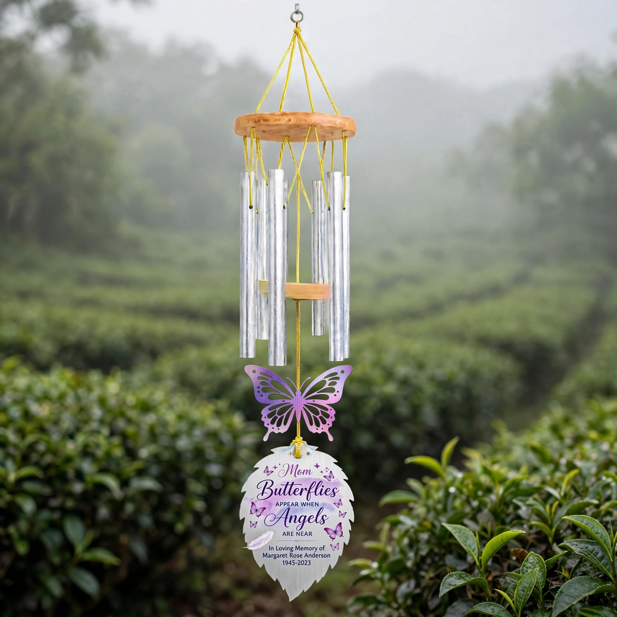 Personalized Memorial Wind Chimes For Loss Of Mother, Silver Feather Leaf Purple Butterfly