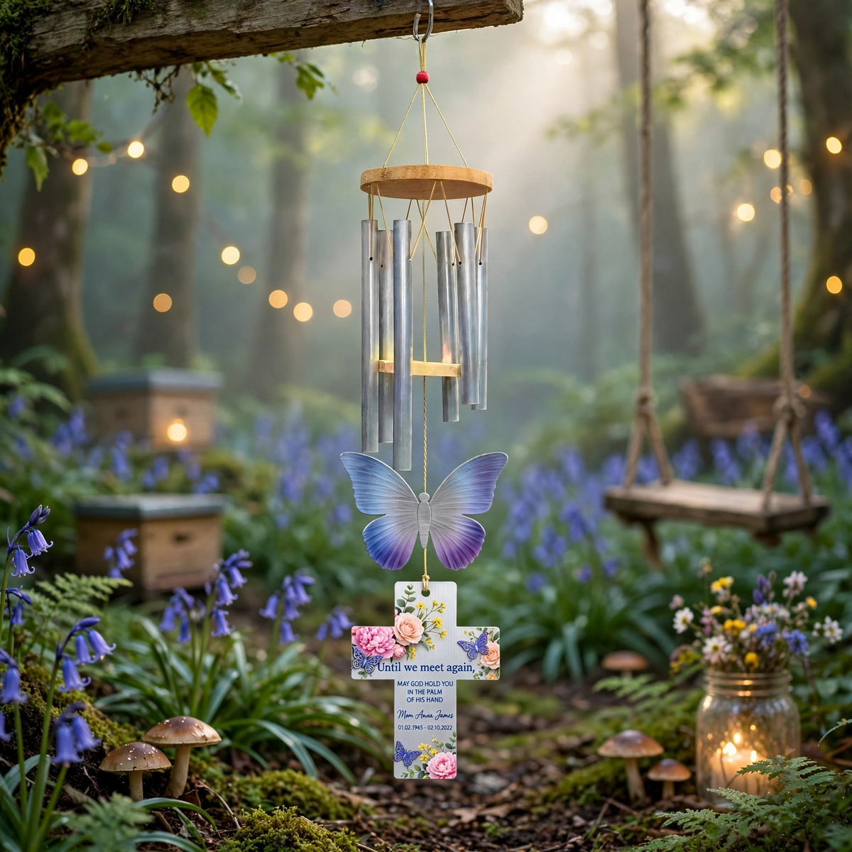 Personalized Memorial Wind Chimes For Loss Of Mother Silver Cross Blue Purple Butterfly