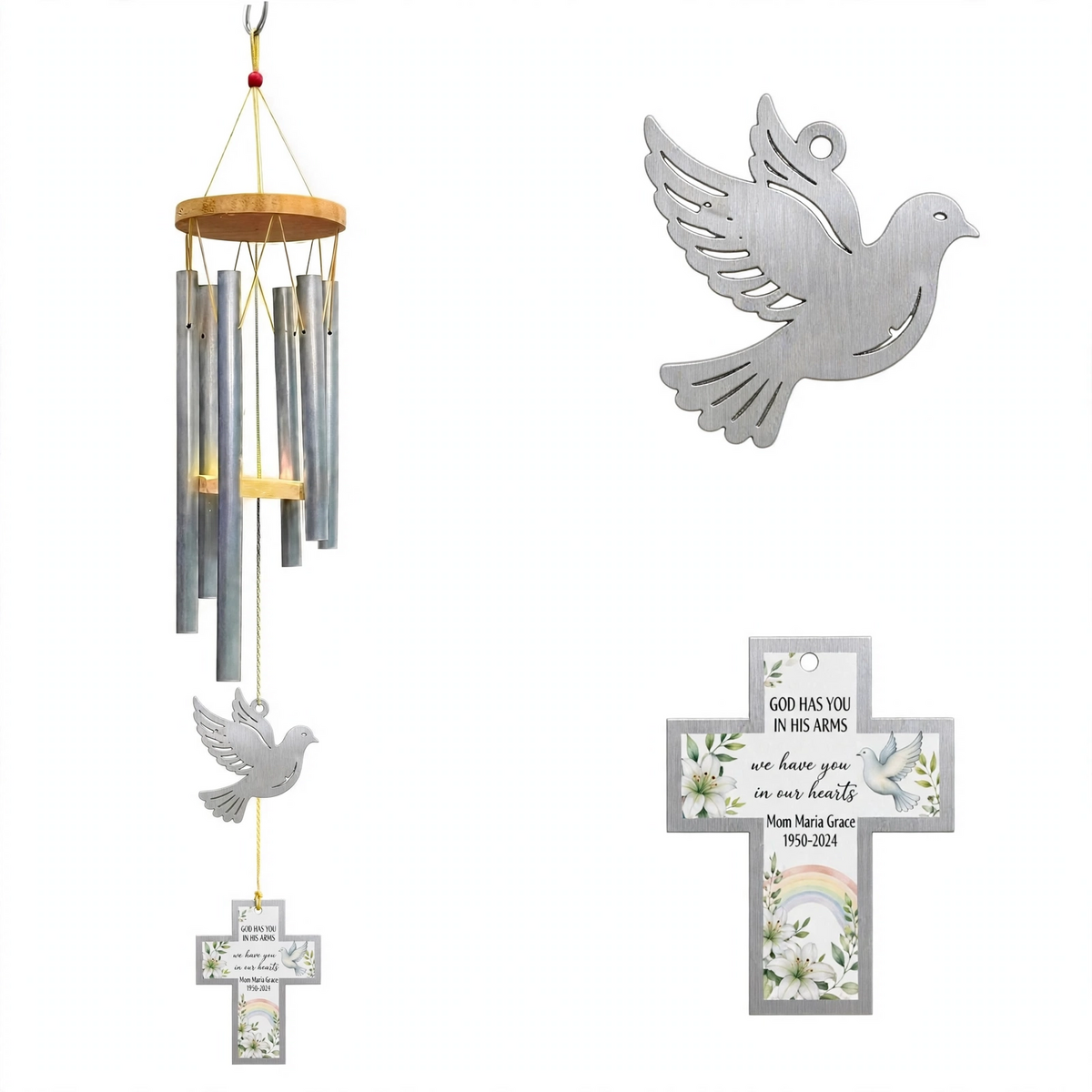 Personalized Memorial Wind Chimes For Loss Of Mother, Silver Cross Peace Dove